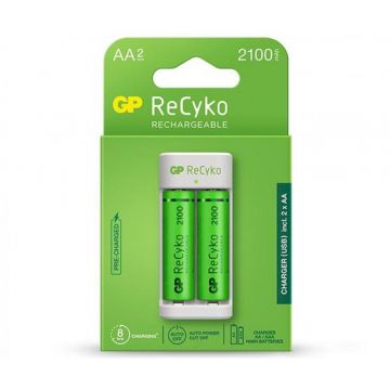 USB kroviklis + 2 vnt. įk. elementai GP RECYKO AA 2100mAh