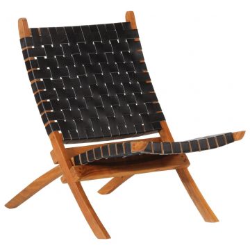  Sulankstoma poilsio kėdė, juodos spalvos, tikra oda
